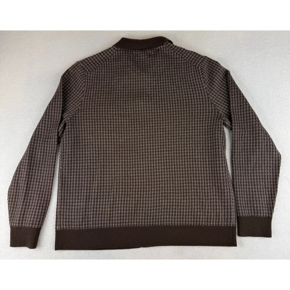 Lands' End Cardigan Mens L Brown Houndstooth Merino Wool Button Polo Sweater